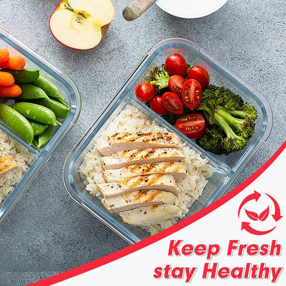 VERONES 10 Pack Glass Meal Prep Containers 2 Compartment Set, 30 OZ Airtight Glass Lunch Containers, Food Storage Containers with Lids, for Microwave, Oven, Freezer & Dishwasher Friendly，Red