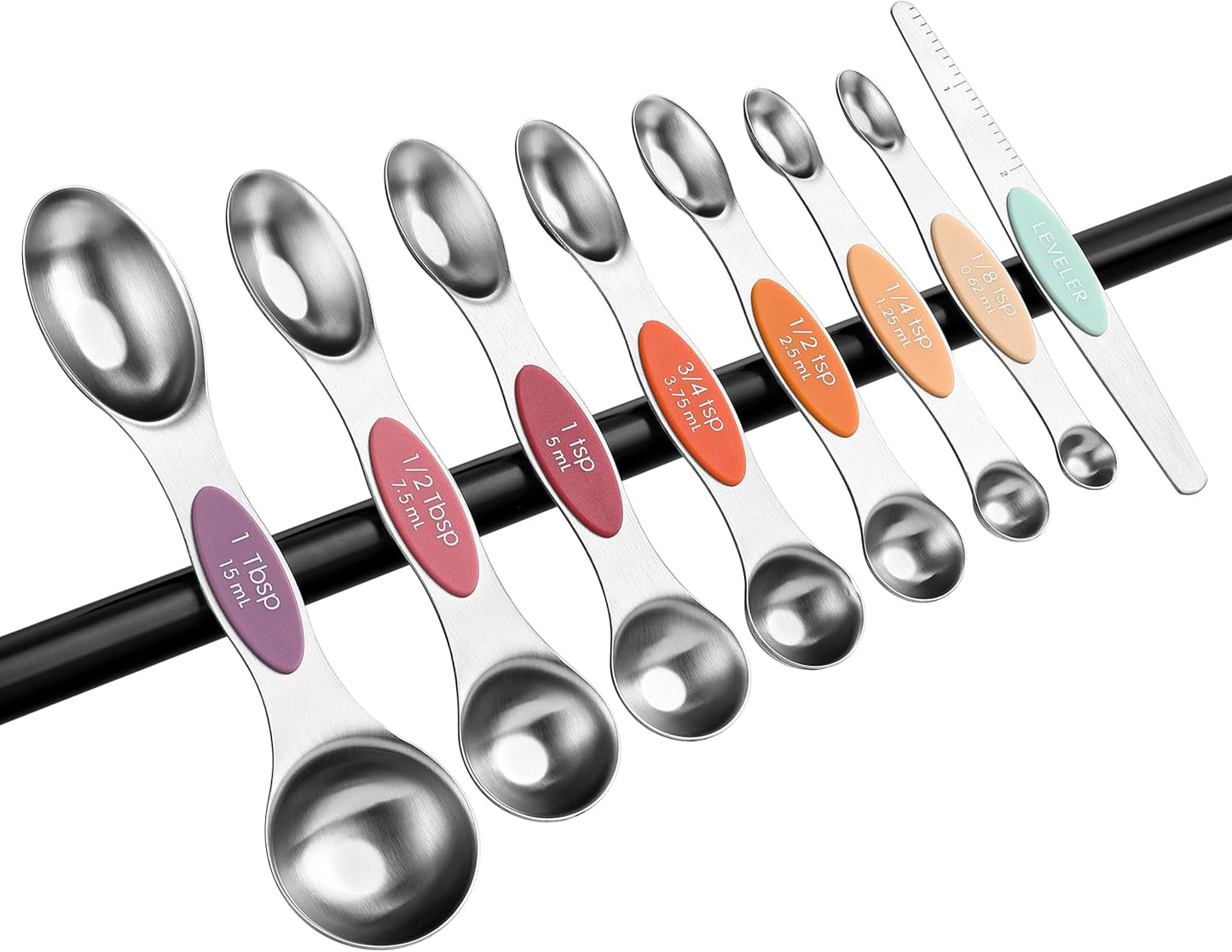 Spring Chef Stainless Steel Magnetic Measuring Spoons Set with Strong N45 Magnets, Heavy Duty Metal Kitchen Gadgets for Baking & Cooking, Fits in Most Kitchen Spice Jars, Set of 8 with Leveler, Black