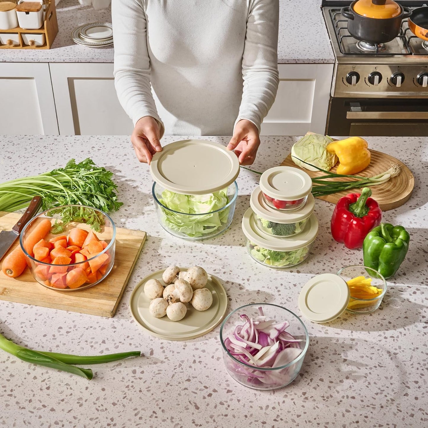 6-Piece Glass Food Storage Containers Set (3 Containers + 3 BPA-Free Lids) | 2-Cup, Leakproof | Microwave, Freezer, Oven & Dishwasher Safe | Ideal for Meal Prep & Pantry Organization, Pistachio