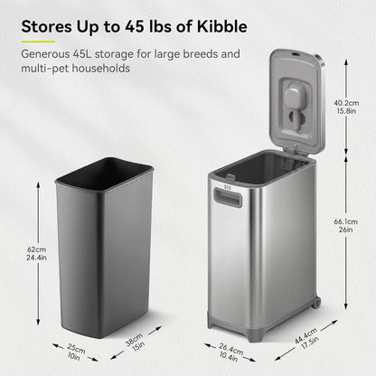 EKO 45 lb Airtight Dog Food Storage Container, Stainless Steel Pet Food Container for Kibble, Cat Food & Bird Seed, Lockable Lid, Magnetic Scoop, BPA-Free Inner Bucket, Wheels