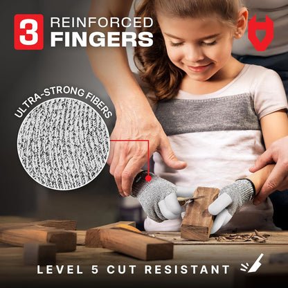 NoCry Kids Cutting Gloves, XS (8-12 Years) — 100% Food Grade and Level 5 Protection — Comfortable and Lightweight, Yet Tough — Ambidextrous — Ideal for Fishing, Wood Carving and Whittling
