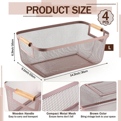 Mumufy 4 Pcs Metal Wire Basket with Wooden Handles Mesh Steel Organizer Bins for Pantry Closet Kitchen Cabinet Home Fridge Fruit Makeup Snacks Organization (Warm Tapue,Large)