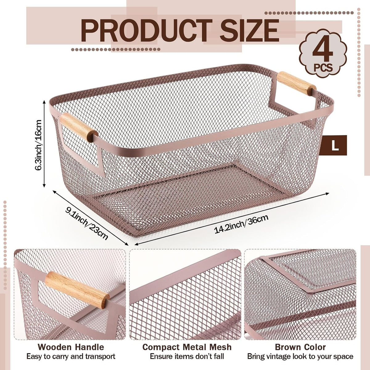 Mumufy 3 Pcs Metal Mesh Basket with Wooden Handles Wire Steel Organizer Bins Pantry Organizers Kitchen Baskets for Closet Cabinet Bathroom Fridge Food Snacks Organization (Warm Tapue,3 Sizes)