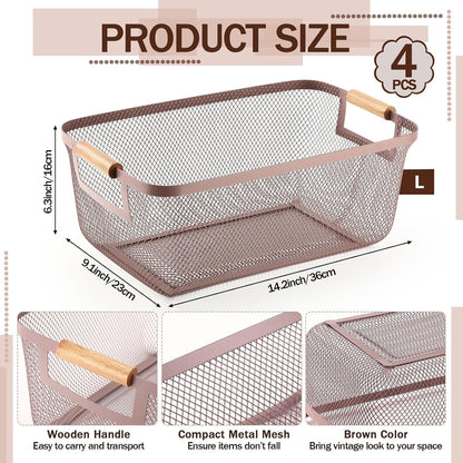 Mumufy 3 Pcs Metal Mesh Basket with Wooden Handles Wire Steel Organizer Bins Pantry Organizers Kitchen Baskets for Closet Cabinet Bathroom Fridge Food Snacks Organization (Warm Tapue,3 Sizes)