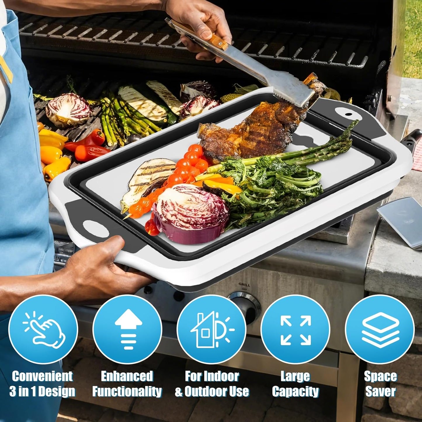 HI NINGER BBQ Prep Tub with Lid, Collapsible Camping Sink with Colander, Cutting Board & Knife Set for Grilling, Smoking & Outdoor Cooking, Collapsible Wash Basin for RV Camping Essentials