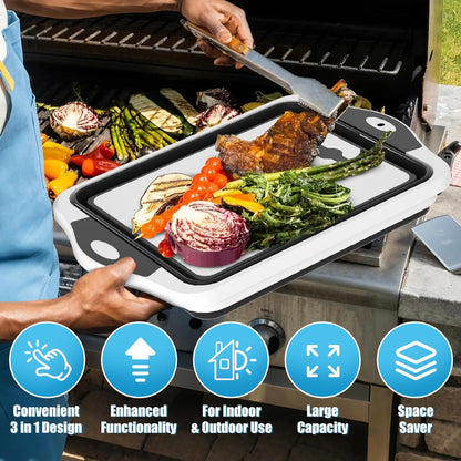 HI NINGER BBQ Prep Tub with Lid, Collapsible Camping Sink with Colander, Cutting Board & Knife Set for Grilling, Smoking & Outdoor Cooking, Collapsible Wash Basin for RV Camping Essentials