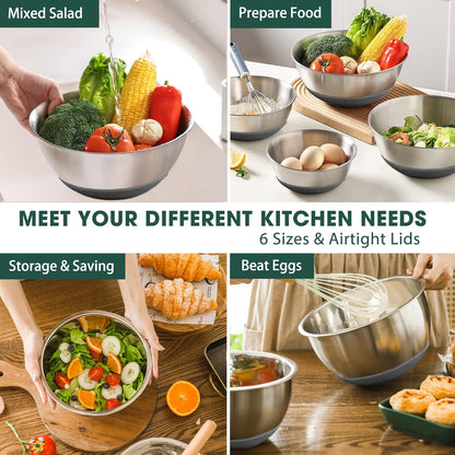 Umite Chef Mixing Bowls with Airtight Lids, 6 piece Stainless Steel Metal Nesting Storage Bowls, Non-Slip Bottoms Size 7, 3.5, 2.5, 2.0,1.5, 1QT, Great for Mixing & Serving (Khaki)