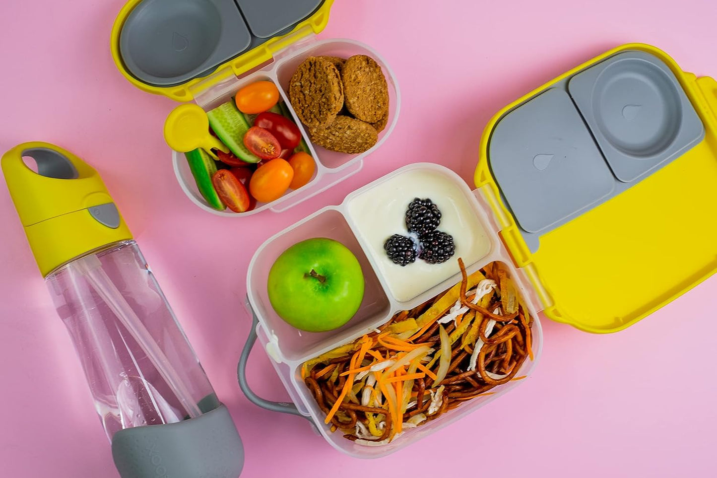 b.box Snack Box 2-Pack - Leak Proof Mini Bento Box for Kids & Toddlers, 2 Compartment Snack Containers for Kids, Dishwasher Safe, BPA-Free, PFAS-Free, Ages 4mo+, 1 3/4 Cup Each (Strawberry + Lilac)