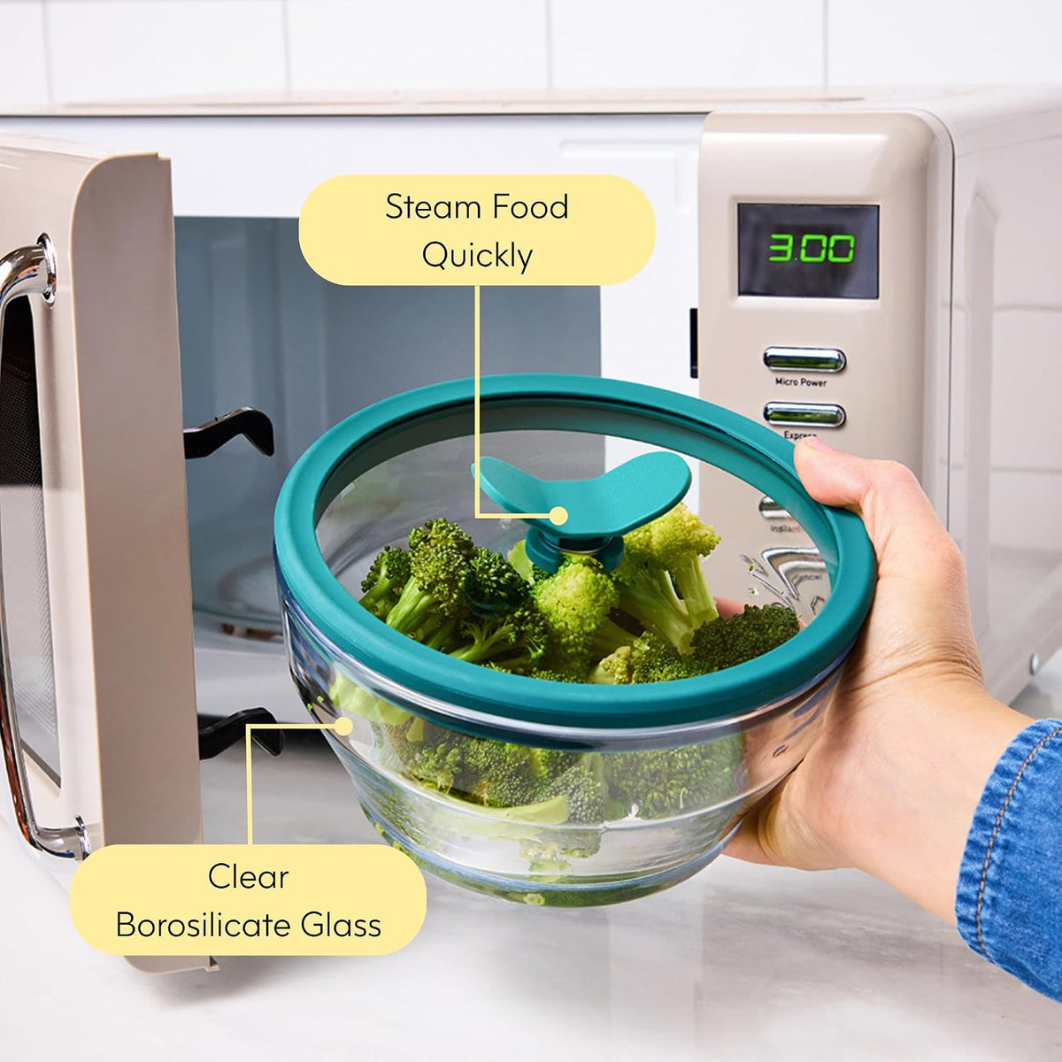 Anyday 4-Cup Shallow Dish & Silicone Clip-On Strainer Bundle | Plastic-Free, BPA-Free Glass Microwave Cookware & Food Storage with Glass Lids (Black Sesame)