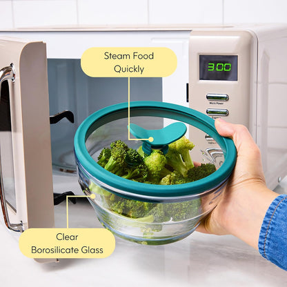 Anyday 4-Cup Shallow Dish & Silicone Clip-On Strainer Bundle | Plastic-Free, BPA-Free Glass Microwave Cookware & Food Storage with Glass Lids (Black Sesame)