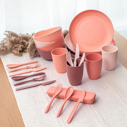 FOODLE Wheat Straw Dinnerware Set - BPA Free & Safety Tested - Microwave & Dishwasher Safe Dishes - Perfect for Camping, Picnic, RV, Dorm - Plates, Cups and Bowls - Great for Kids & Adults - For 4