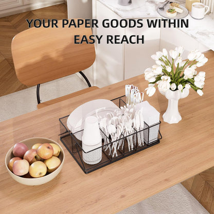 Paper Plate Organizer for Countertop, Metal Silverware Caddy with 6 Compartments for Cup, Napkin, Utensil Holder Caddy for Party, Camping, Picnic