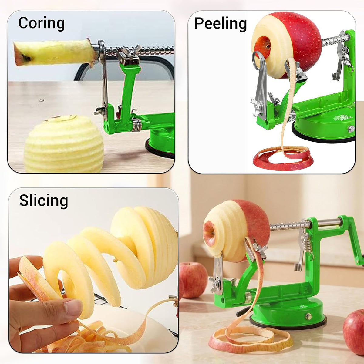Apple Peeler Corer Slicer All in One – Apple Peeler Slicer Corer with Stainless Steel Blades, Multi-Function Apple Potato Peeler (Green Apple Peeler)