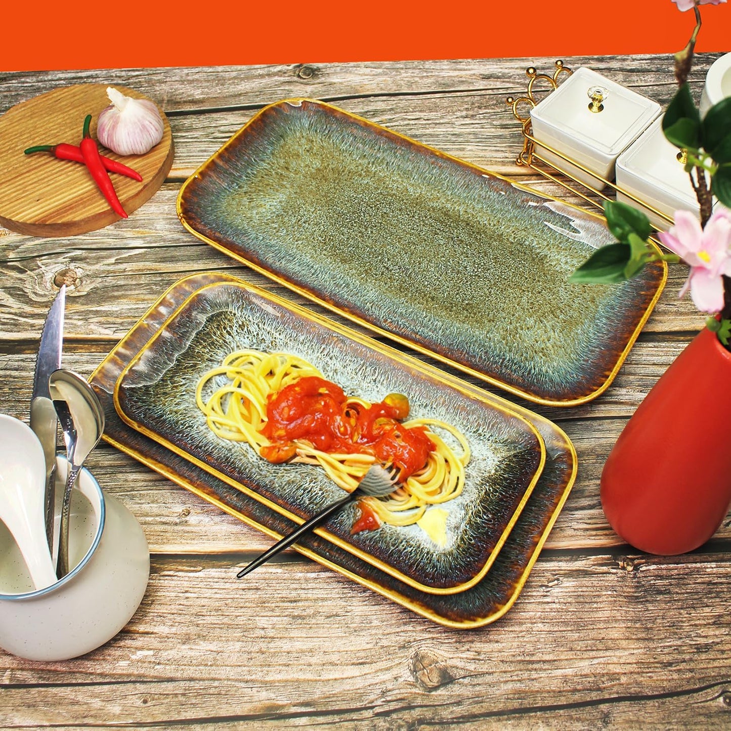 Porcelain Plate Set Large Serving Tray Set of 4, Reusable Serving Platters for Party Food, Cookie, Appetizer, Charcuterie, Snack, Dessert Display,Stackable Kitchen Dish 14.4 INCH