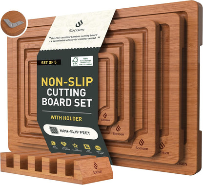 3 Packs Bamboo Cutting Board Set with Non Slip Feet Holder and Over Sink Nice Solid Thick Wood Juice Groove Chopping Board Extra Large Big Small Best Hardwood Kitchen Organic Vegetable Meat BBQ Kit