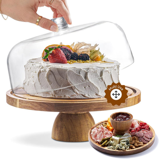 HOMESPHERE Wood Cake Stand with Lid, 2-in-1 Charcuterie Board, Round dome