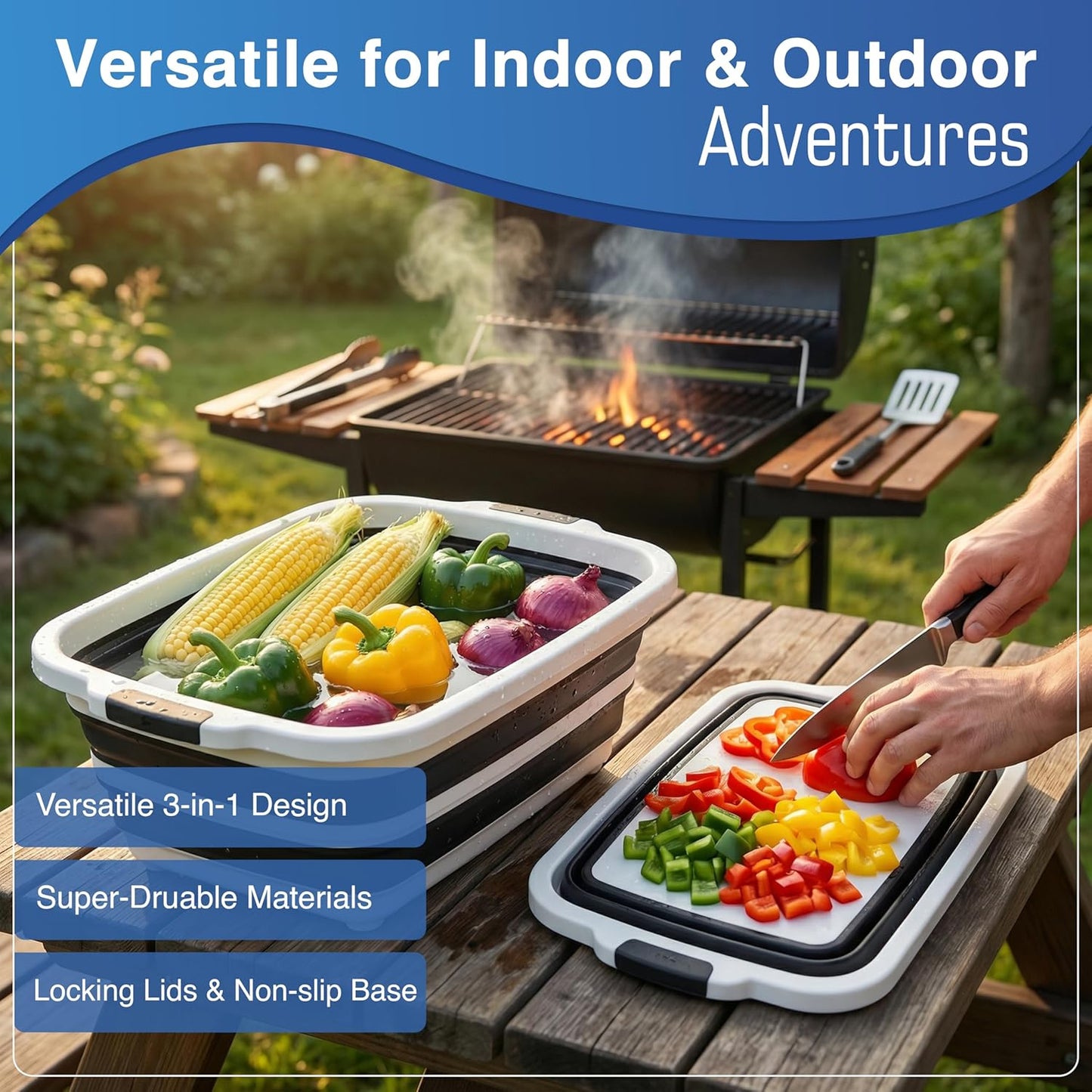 3pcs Barbecue Prep Tub, BBQ Blanket, Meat Shredder Claws | Collapsible 3 in 1 Cutting Board with Colander & Dish Basin, Insulated 21" Meat Resting Bag, Barbecue Grilling Accessories