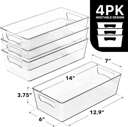 Simple Houseware 4 Pcs Pantry Clear Bin Storage Organizer, 14" x 7" x 3.75"