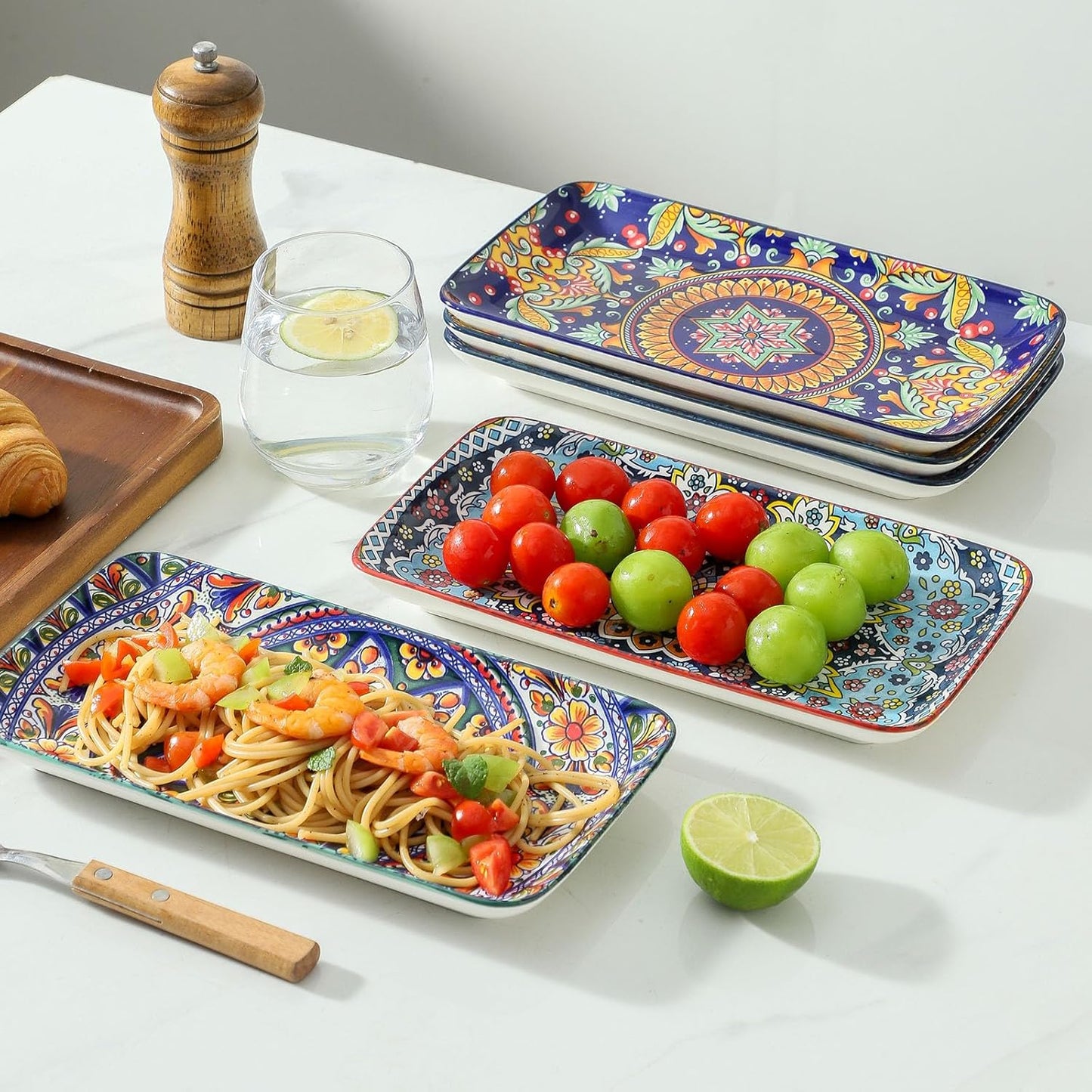 glowworm Porcelain Appetizer Plates Set of 6, 8.5 Inch Salad Plates for Sushi, Dessert, Rectangular Serving Platters, Serving Tray for Party, Kitchen, Microwave & Oven Safe, Bohemian