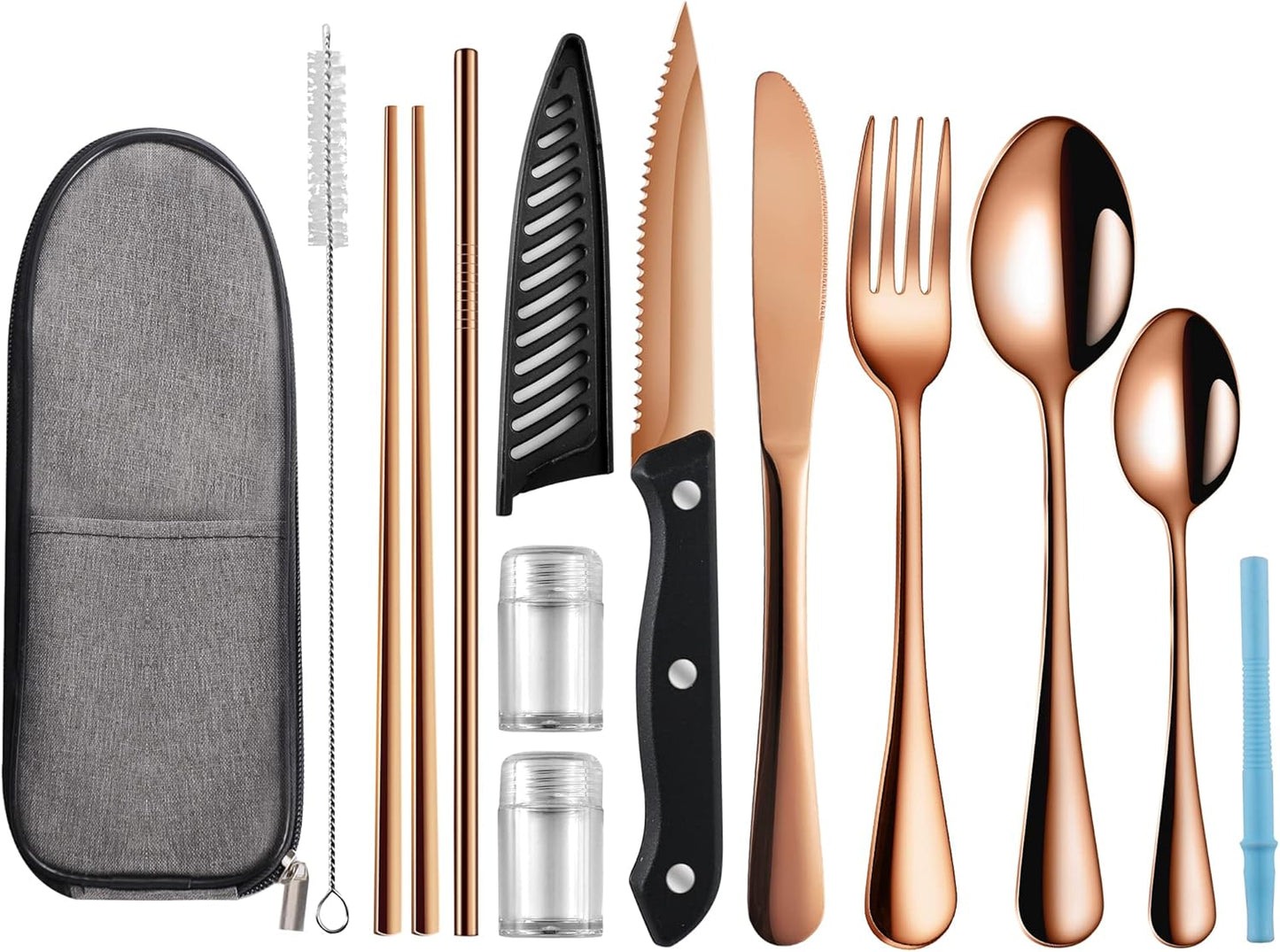 Logcow Travel Utensils Set with Case, 10-Piece Reusable Stainless Steel Camping Cutlery, Portable Fork Spoon Knife Chopsticks & Straw for Work, Lunch, Picnic (Rainbow)