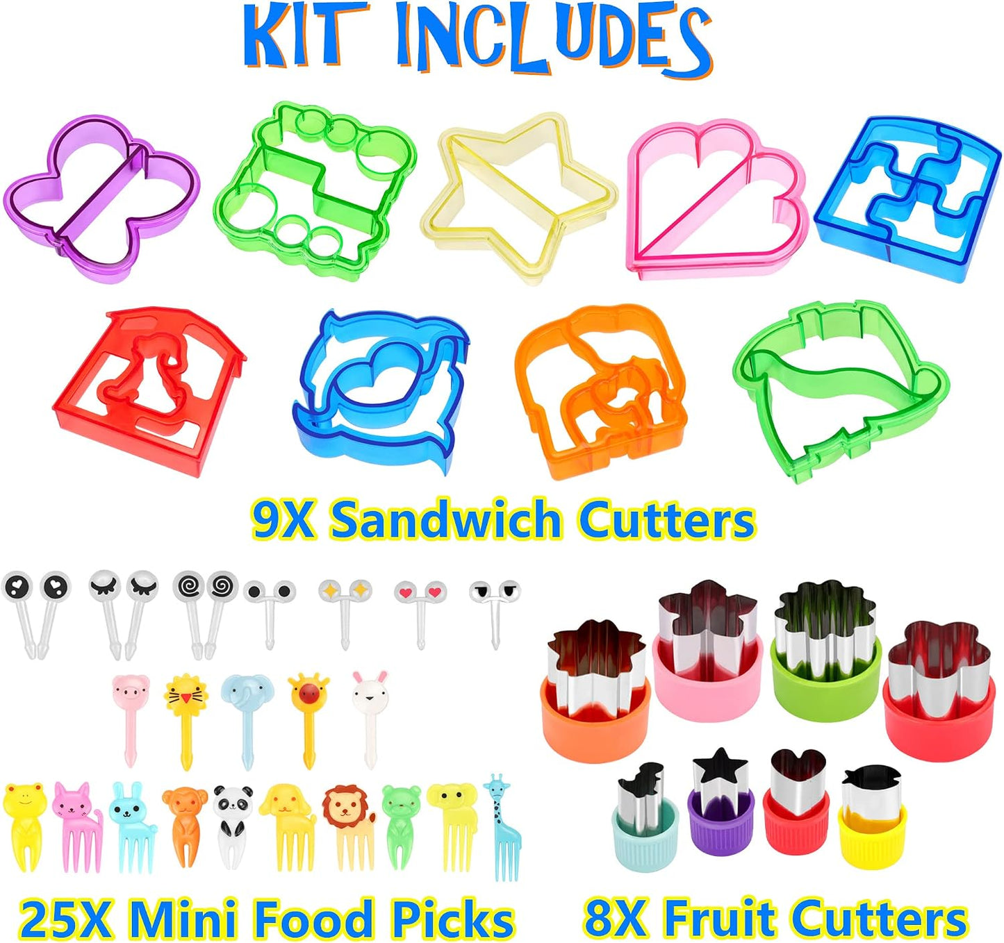 FUNGYAND Sandwich Bread Cutter Set, 45 in 1 Bento Lunch Box Accessories Kit Includes Fruit Cutter, Animal Food Picks, Rice Ball Maker, Easy to Use