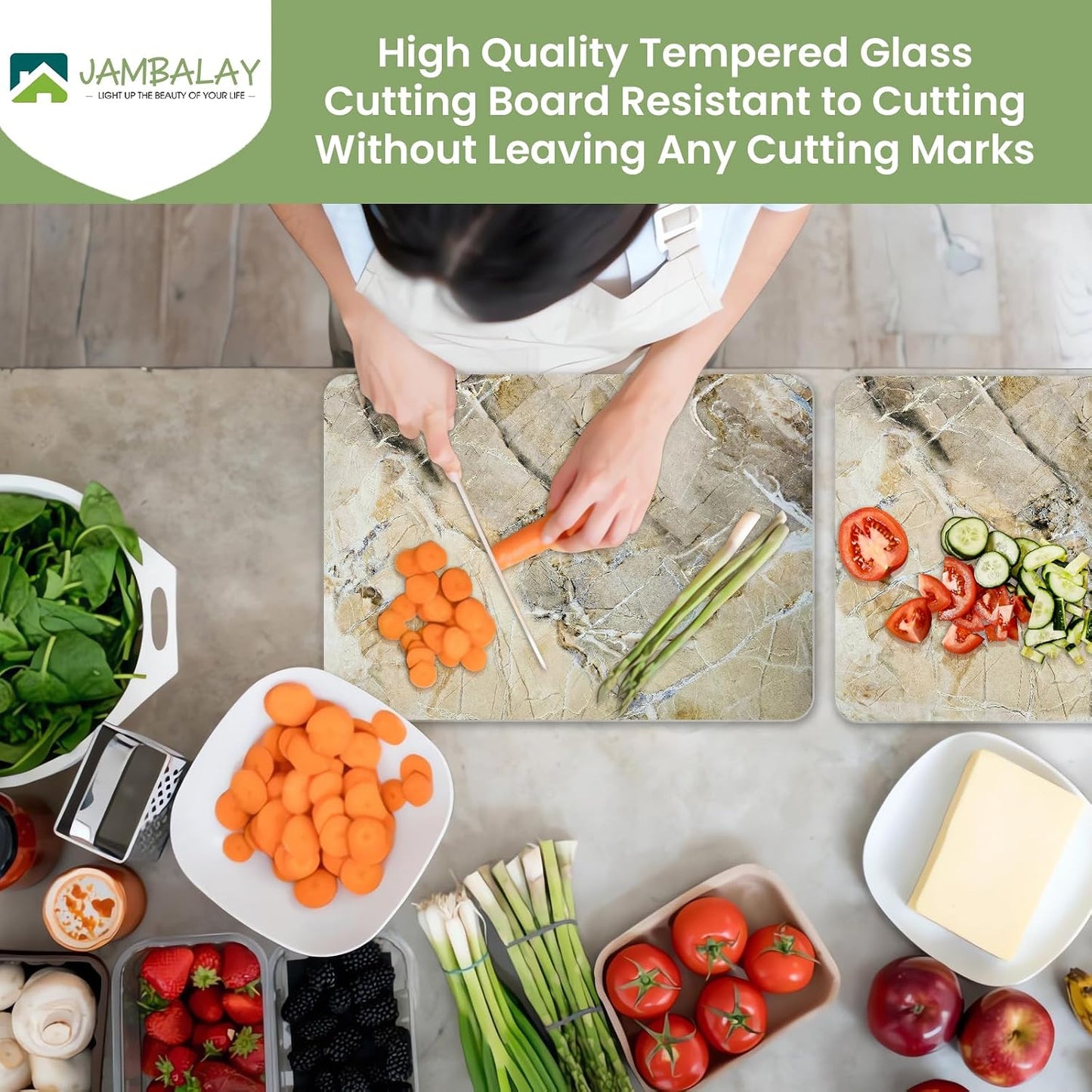 JAMBALAY Tempered Glass Cutting Boards for Kitchen, Gold 12"x8" & 16"x12" Glass Cutting Board Set with Marble Design, With Non Slip Foot, Shatter and Heat Resistant, Dishwasher Safe