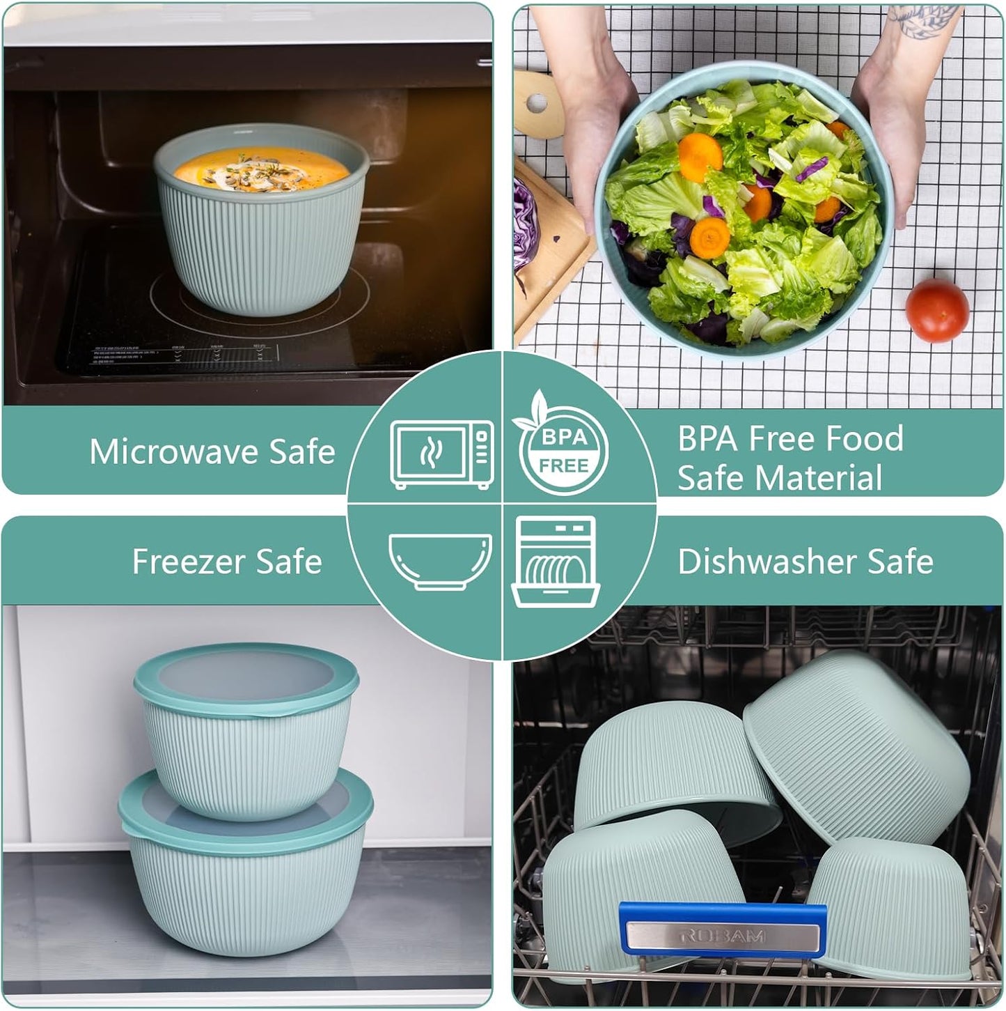BoxedHome Plastic Mixing Bowls with Lids Set,4.97QT Large Capacity Deep Nesting Bowl,8 Pieces Set BPA-Free Prep Bowls,Dishwasher & Microwave Safe,Beige