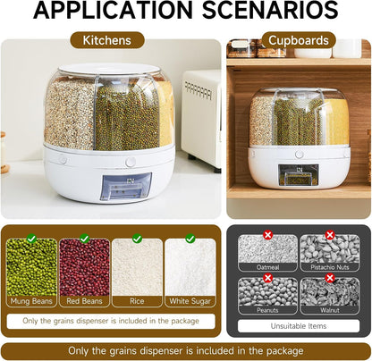 UFORU Rice Dispenser | 360° Rotating Grain Storage Bin - 6 Grids, 20LBS Large Capacity Food Container, Moisture-Proof, One-Click Output for Rice, Beans & Pet Food - Kitchen Pantry Organizer