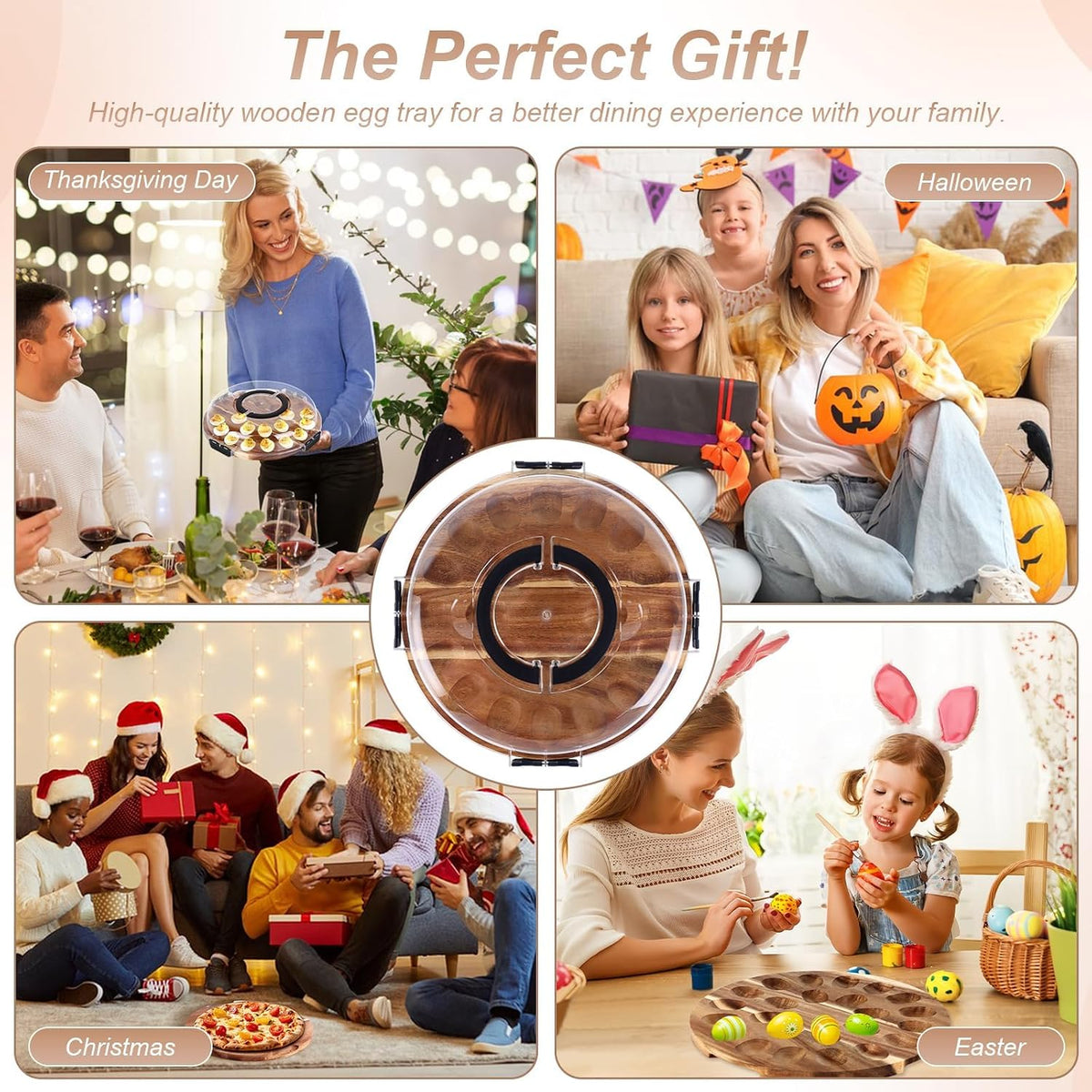 2026 Upgraded Wood Deviled Egg Platter with Lid Easter Gifts 24 Holes Round Deviled Egg Charcuterie Board Tray Holder Carrier with Egg Slicer Kitchen Tongs Piping Decorating Kit for Party Easter