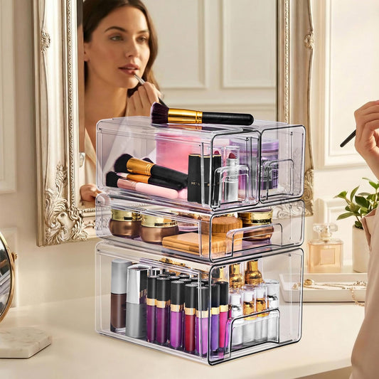 Sorbus Clear Stackable Storage Drawers, 4-Piece Set 1 Large, 1 Medium & 2 Small Pull-Out Plastic Organizer Bins with Handles for Bathroom, Closet, Pantry, Cabinet & Medicine Storage