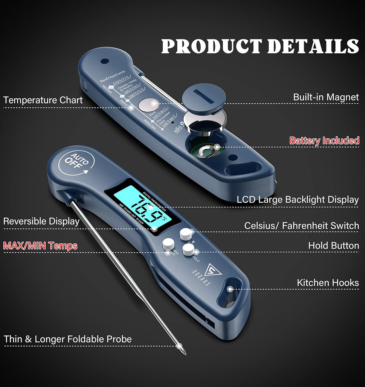 DOQAUS Meat Thermometer Digital – Instant Read Food Thermometer for Cooking