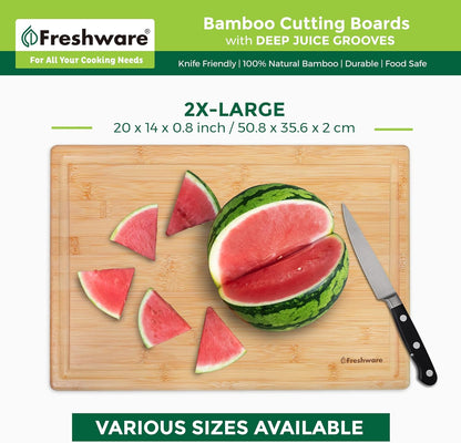 Freshware Wood Cutting Boards for Kitchen - Bamboo Cutting Board Set of 3, Cutting Boards with Juice Grooves, Serving Board Set, Chopping Board for Meat, Veggie, Easy Grip Handle (9x6", 12x8", 15x10")