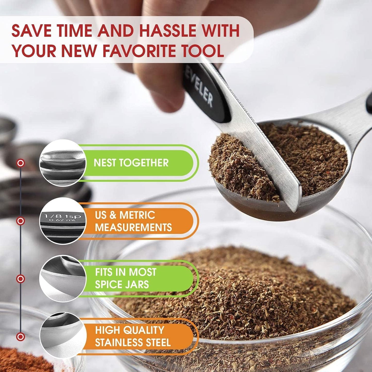 Magnetic Measuring Cups and Spoons Set, N52 Magnetic spoons Nesting Design, 304 Stainless Steel measuring cups, BPA Free, Dual-sided Design Set of 15 with Leveler for Dry & Liquid Ingredients Black
