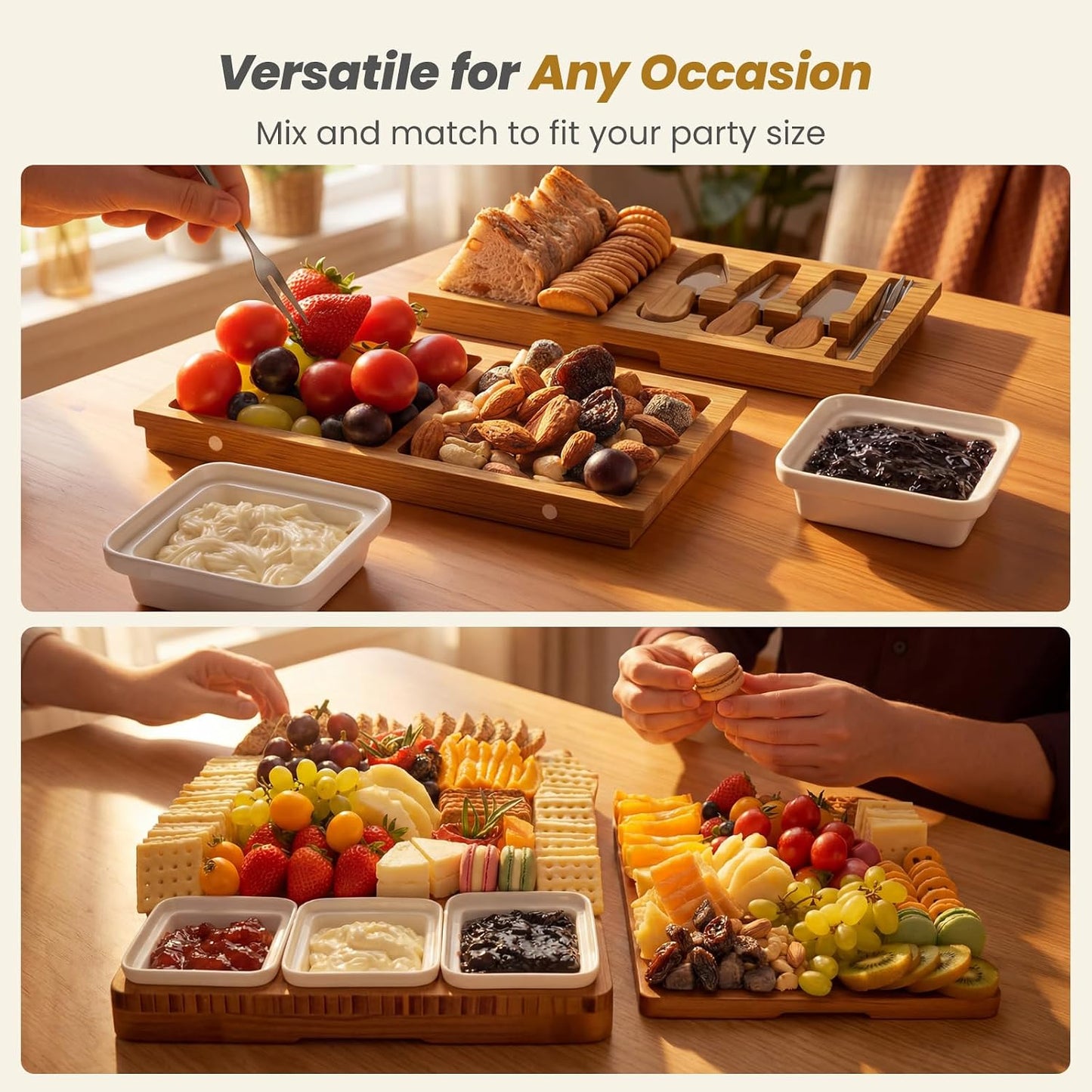 Large Charcuterie Board Set with Knife Set, 12.6" × 11.2" Square Fruit Tray, Bamboo Cheese Platter (Double-Drawer), Great for Group Gatherings, House Warming Gifts New Home, Birthday Gifts for Women