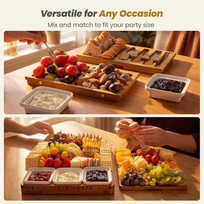 Large Charcuterie Board Set with Knife Set, 12.6" × 11.2" Square Fruit Tray, Bamboo Cheese Platter (Double-Drawer), Great for Group Gatherings, House Warming Gifts New Home, Birthday Gifts for Women