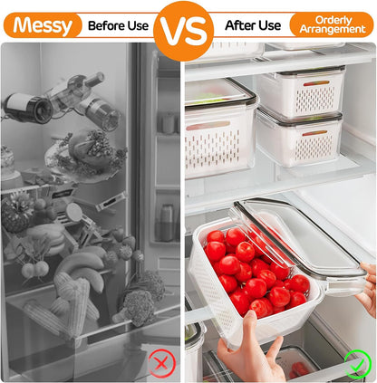 Fruit Storage Containers for Fridge with Removable Colanders, 4 in 1 Produce Storage Containers with Lids, Leakproof Fridge Organizer Bins for Salad Berry Lettuce Vegetables Meat Keeper Fresh