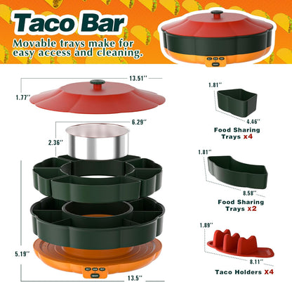 Taco Tuesday Kit, Taco Bar Serving Set for a Party with 3-Temp Control, 33oz Heated Pot, 6 Removable Trays & 4 Taco Holders, Lazy Susan Taco Bar for Burritos, Nachos, and Fajitas, Christmas Gift