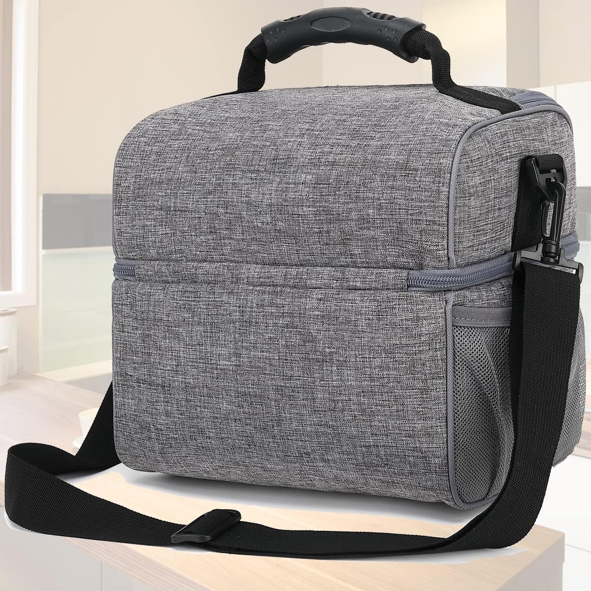 FlowFly Double Layer Cooler Insulated Lunch Bag Adult Lunch Box Large Tote Bag for Men, Women, With Adjustable Strap,Front Pocket and Dual Large Mesh Side Pockets