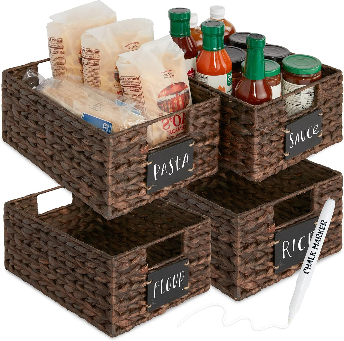 Best Choice Products Set of 4 9x12in Water Hyacinth Pantry Baskets, Woven Organizers w/Chalkboard Label, Chalk Marker - Natural