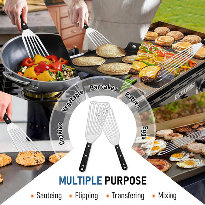 Joyfair Metal Fish Spatulas, 2 Pcs Stainless Steel Turner (ABS Handle) | Flexible Blade, Dishwasher Safe, Slotted Turner Utensil for Kitchen Cooking & Outdoor Griddle Grilling Flipping, Large&Small