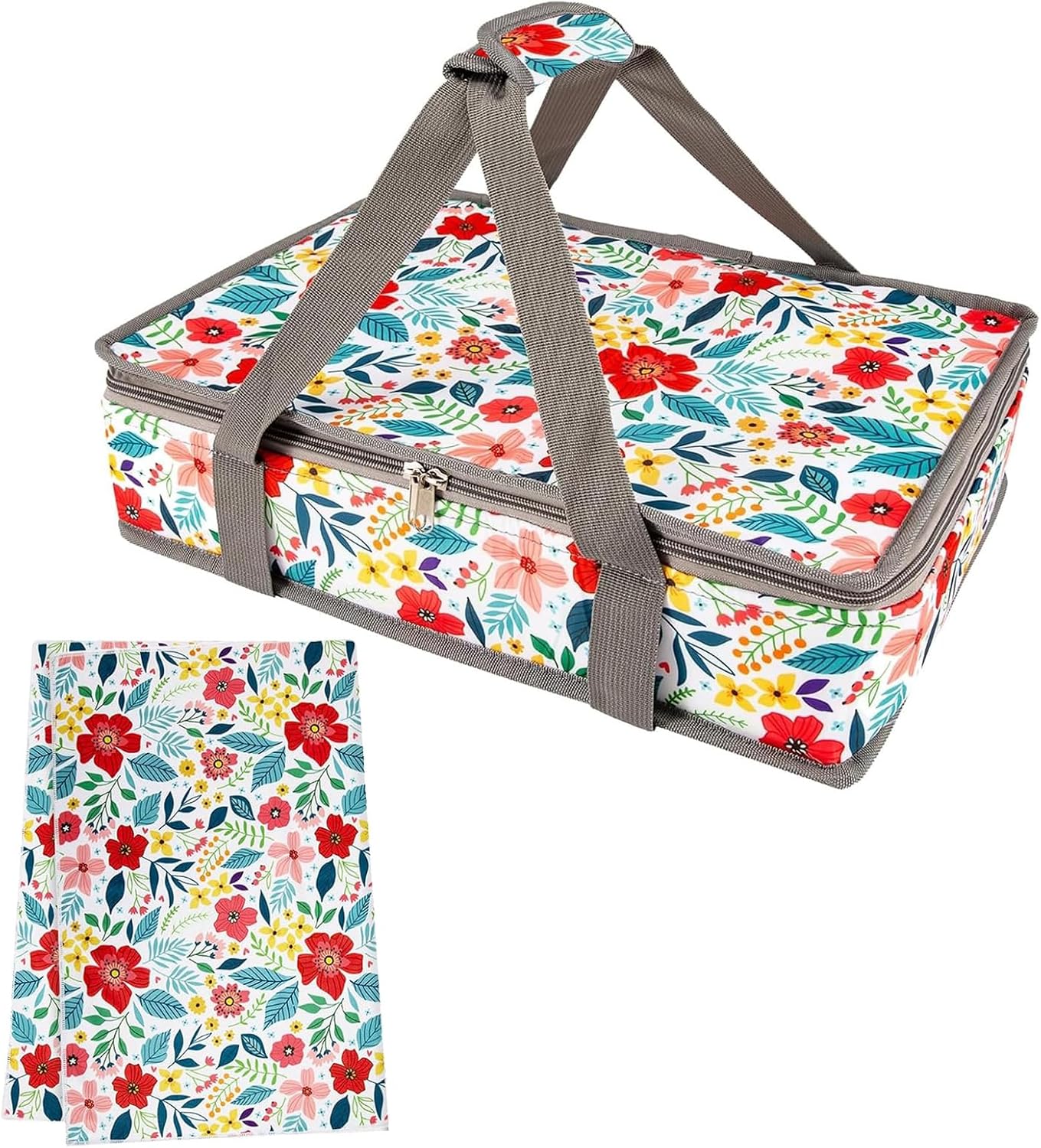 Pioneer Woman Style Insulated Casserole Carrier for Hot or Cold Food, Fits 9x13 Baking Dish,Floral Thermal Lasagna Lugger Tote with Oven Mitts and Pot Holders Set,Gift for Women, Mother's Day.3 PCS
