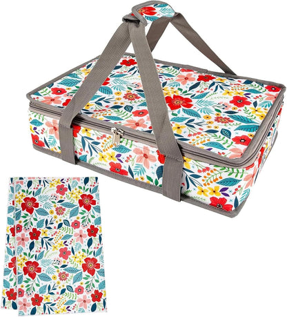 Pioneer Woman Style Insulated Casserole Carrier for Hot or Cold Food, Fits 9x13 Baking Dish,Floral Thermal Lasagna Lugger Tote with Oven Mitts and Pot Holders Set,Gift for Women, Mother's Day.3 PCS