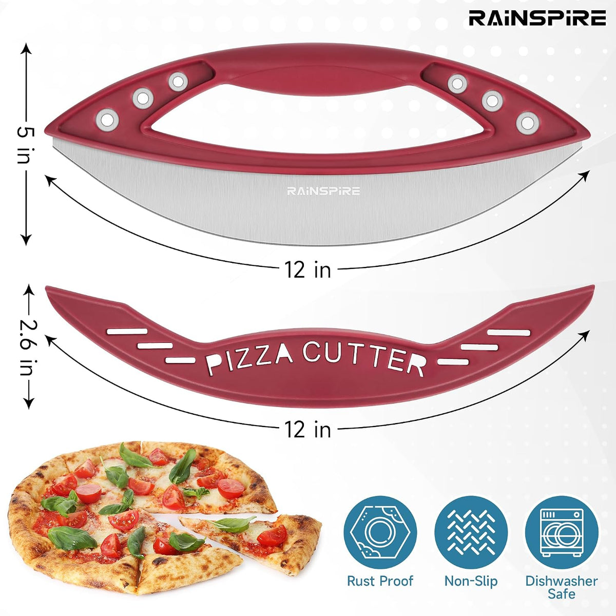 Rainspire 12" Pizza Cutter Rocker Blade Stainless Steel Pizza Rocker with Cover Sharp Blade Pizza Knife Dishwasher Safe Kitchen Gadgets Home Essentials, Black
