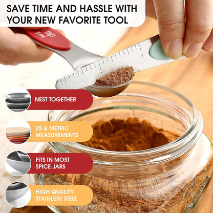 Spring Chef Stainless Steel Magnetic Measuring Spoons Set with Strong N45 Magnets, Heavy Duty Metal Kitchen Gadgets for Baking & Cooking, Fits in Most Kitchen Spice Jars, Set of 8 with Leveler, Black
