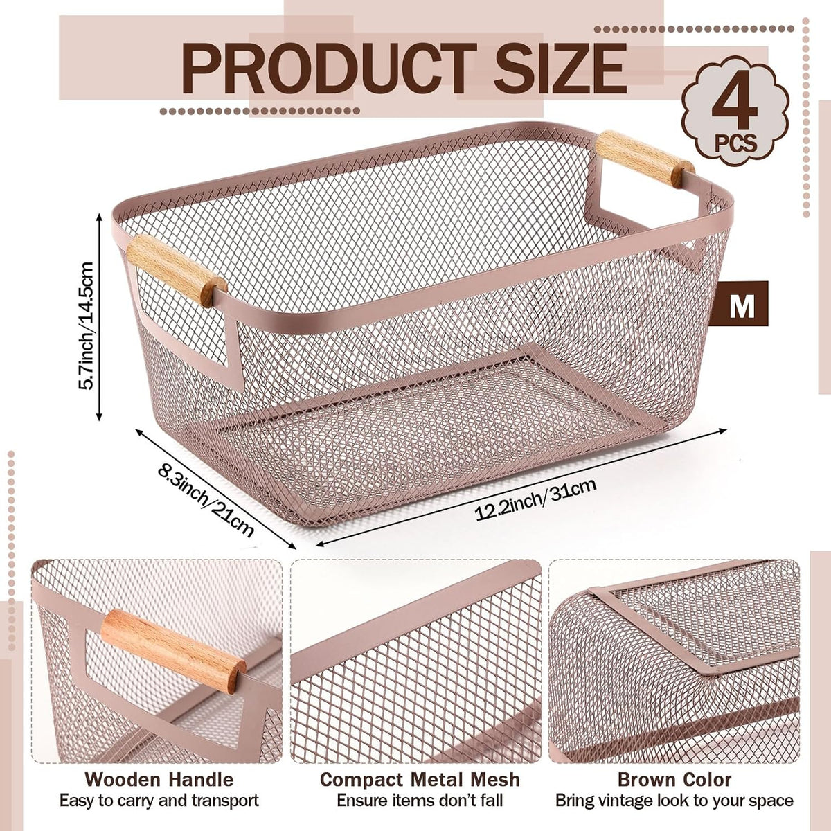 Mumufy 3 Pcs Metal Mesh Basket with Wooden Handles Wire Steel Organizer Bins Pantry Organizers Kitchen Baskets for Closet Cabinet Bathroom Fridge Food Snacks Organization (Warm Tapue,3 Sizes)