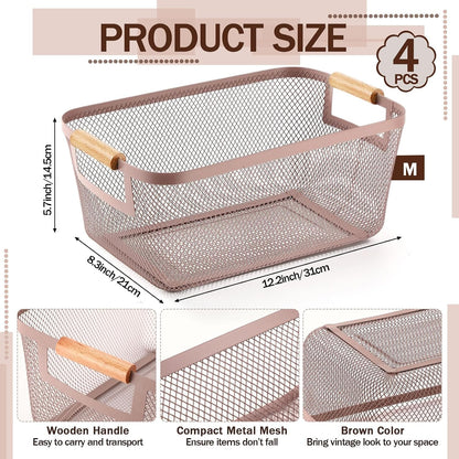 Mumufy 3 Pcs Metal Mesh Basket with Wooden Handles Wire Steel Organizer Bins Pantry Organizers Kitchen Baskets for Closet Cabinet Bathroom Fridge Food Snacks Organization (Warm Tapue,3 Sizes)