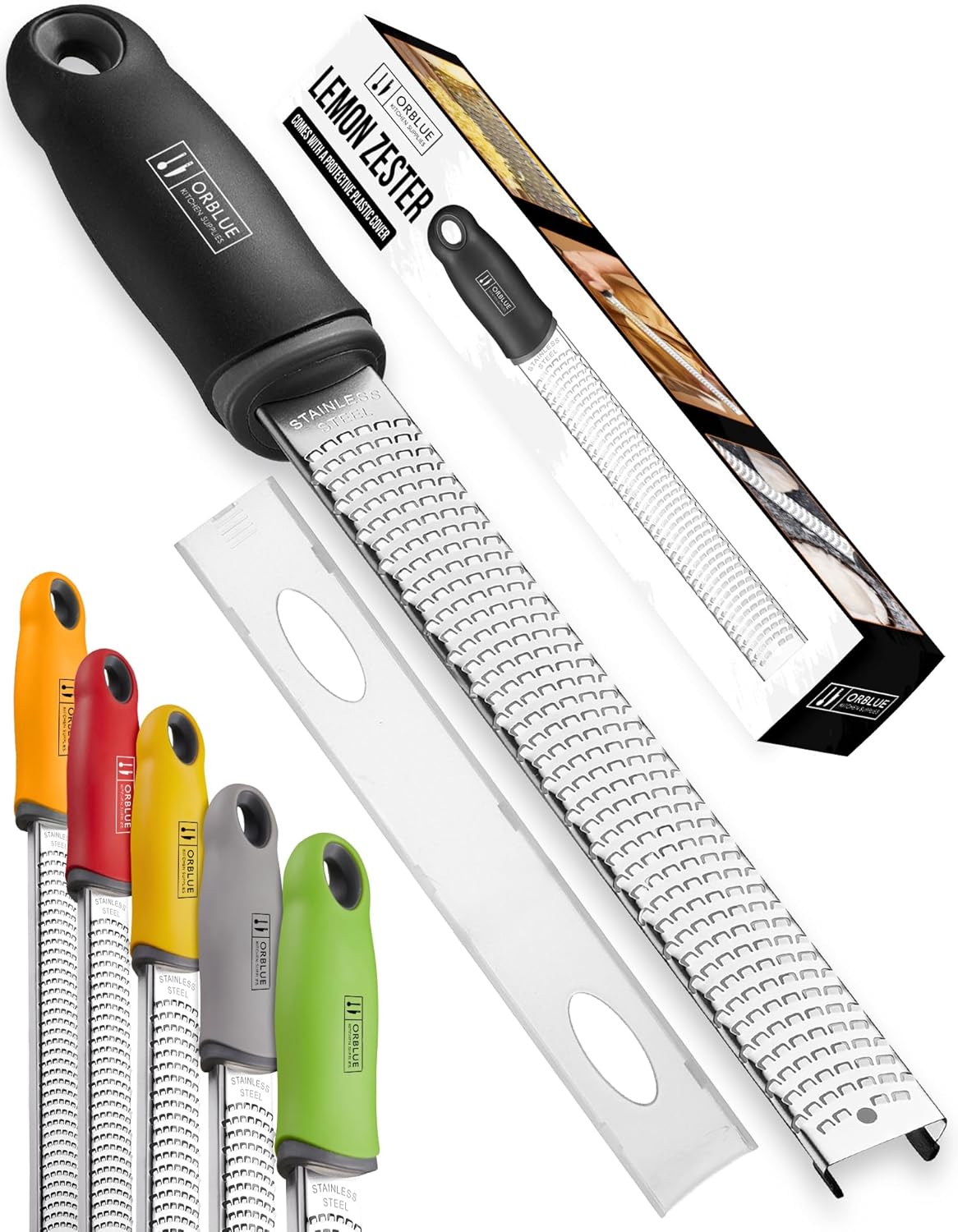 Orblue Lemon Zester & Cheese Grater - Premium Citrus Zester, Kitchen Grater for Parmesan, Chocolate, Fruits, Vegetables, Ginger, Garlic, Nutmeg - Stainless Steel Blades with Protective Cover, Gray