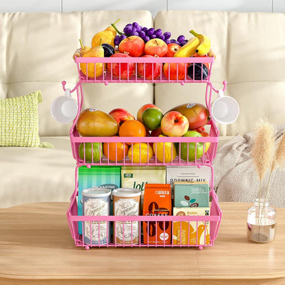 2 Tier Fruit Basket for Kitchen Counter with 2 Banana Hangers, Countertop Metal Bread Basket with Wooden Handle, Large Storage Stand for Vegetables, Snacks, Eggs, Produce Storage – Black