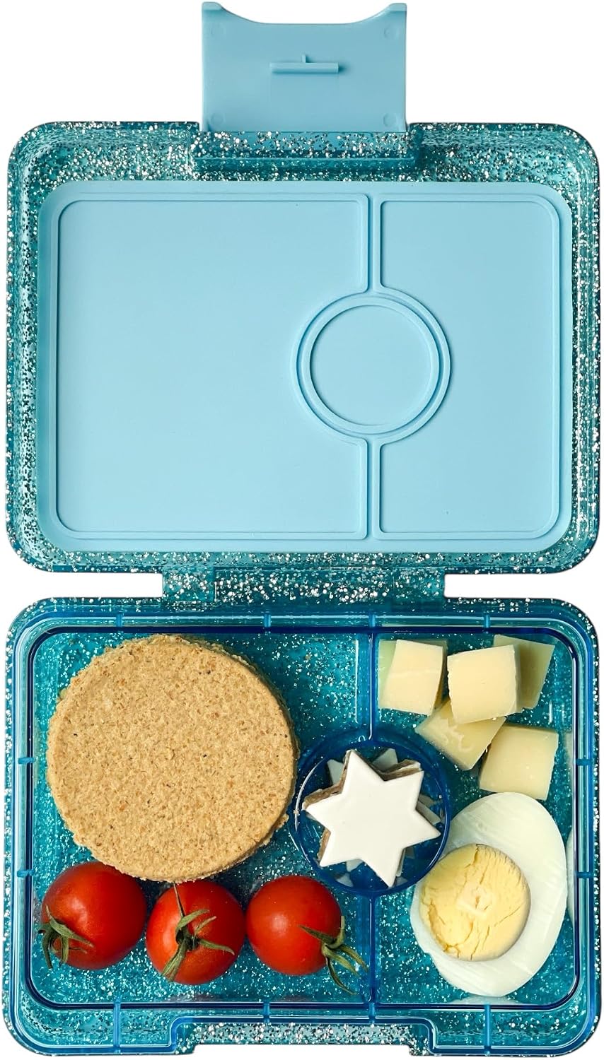 Yumbox Snack Box, 3 Compartments, Leakproof, Glitter Blue | Built-In Dip Well | Removable Compartment Tray | Easy-Open Single Latch | Lightweight & Compact | Perfect for Snacks & Sides