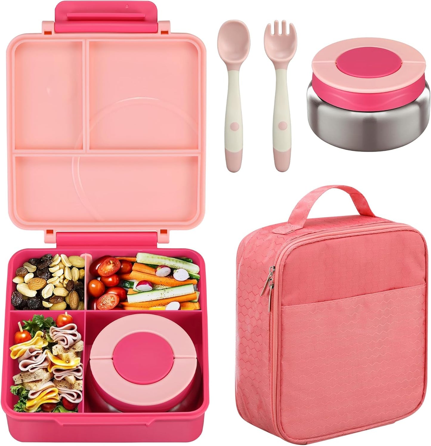 Bento Lunch Box Set for Kids with 8oz Soup Thermo, Leak-Proof Lunch Containers with 4 Compartment, Kids Thermo Hot Food Jar and Insulated Lunch Bag for Kid to School-Black